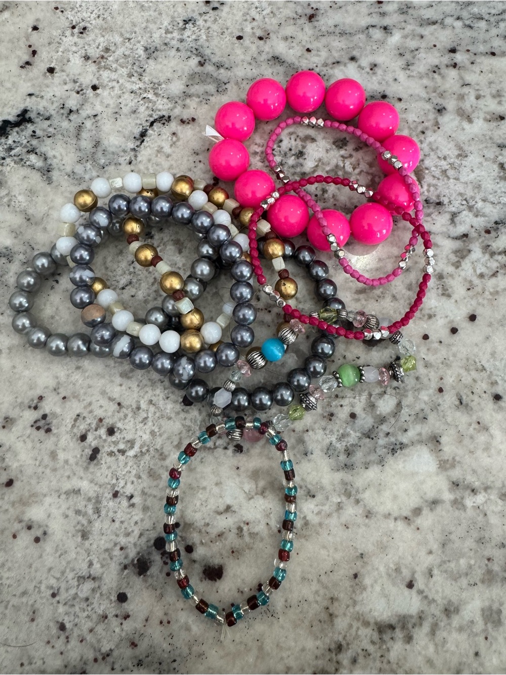 Assorted Beaded Stretch Bracelet Set — Pink, Gray, Gold, Turquoise & Multicolor